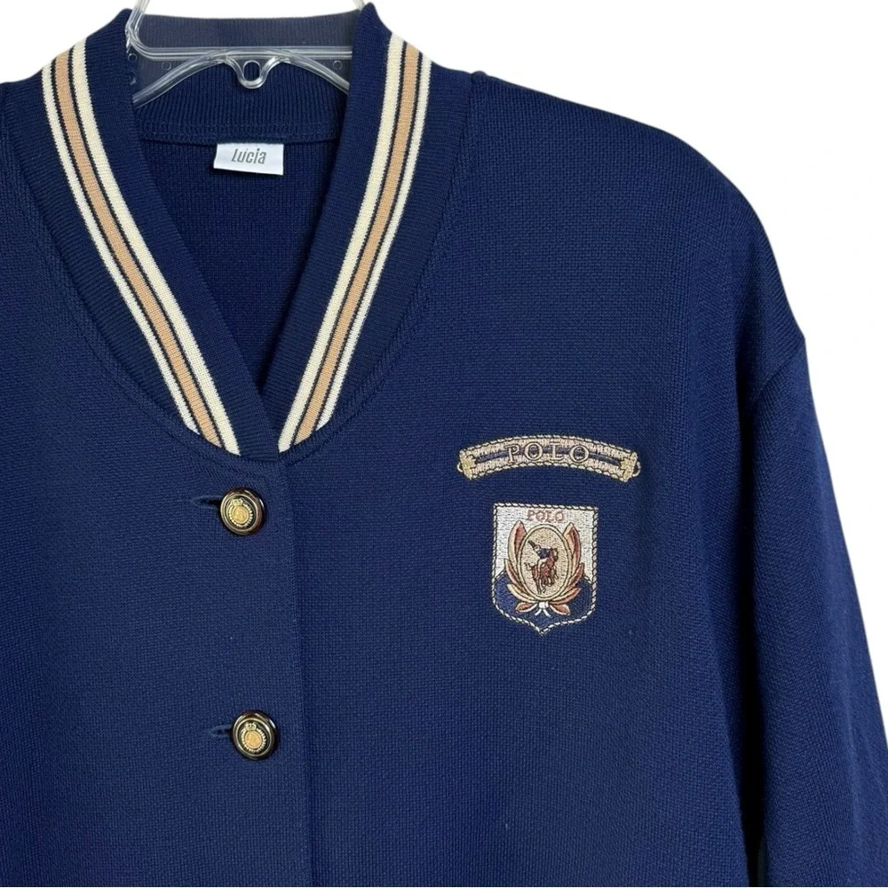 Vtg “Polo” Varsity Cardigan Sweater Size 40 = Large Navy Blue Equestrian Prep - Picture 3 of 8